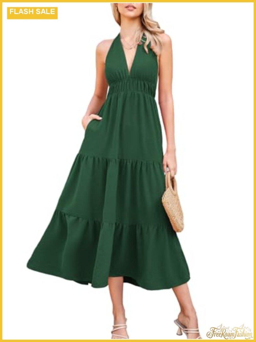 Kikibell Halter Neck Dresses for Women Backless Deep V Neck Sundress A Line